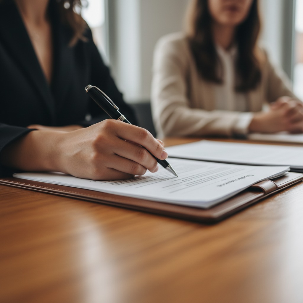 Mujer de negocios ofrece documento y bolígrafo a cliente en oficina.