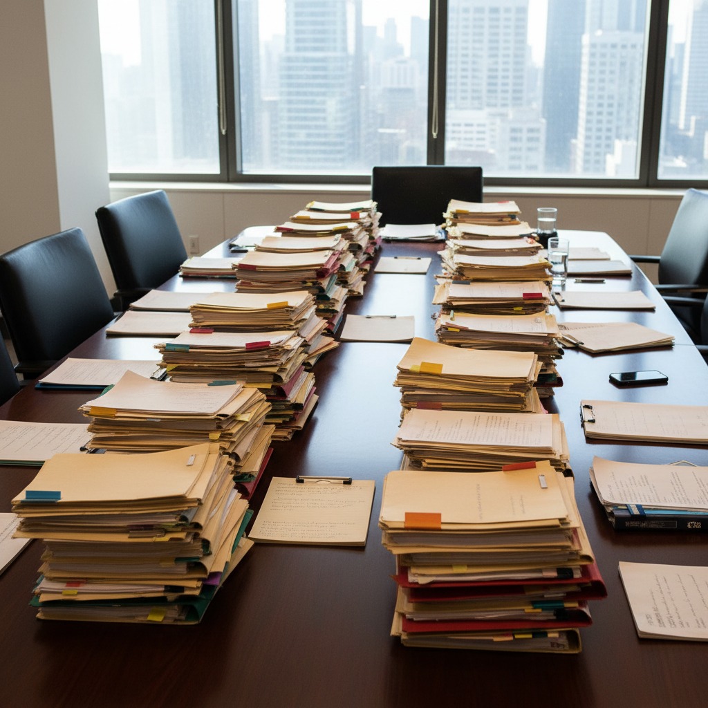 Grandes pilas de documentos y expedientes cubren una larga mesa de reuniones en una oficina con vistas a la ciudad.